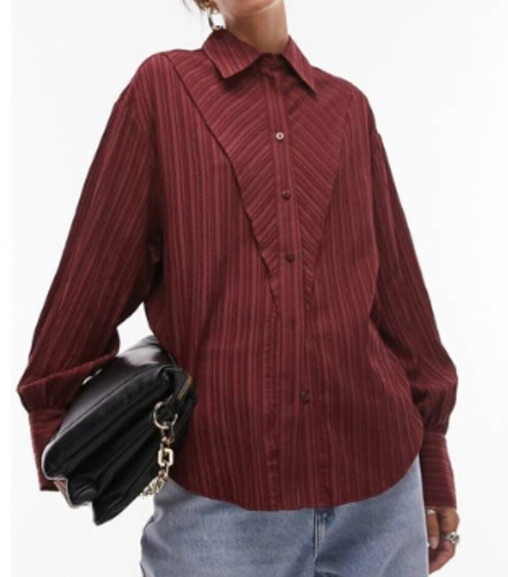 Topshop Striped Blouse Long Sleeves Button Up Front Panel Burgundy Women's 4 NWT